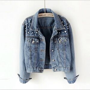 Blue Denim Jacket with Pearl Accents